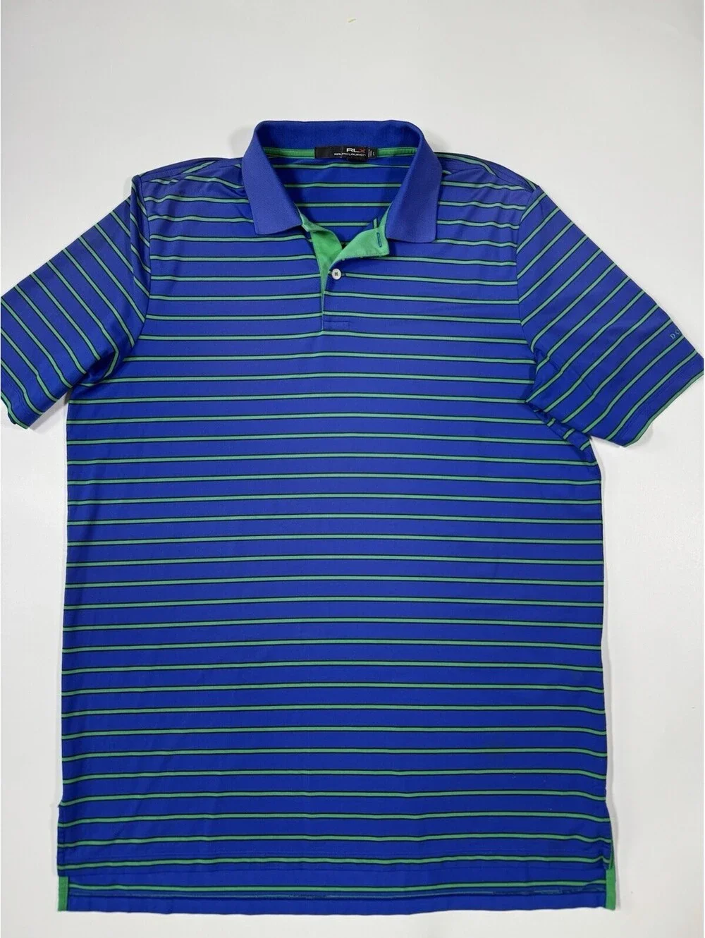 RLX Ralph Lauren Golf Polo Shirt L Blue Green Stripe The Dominion Stretch